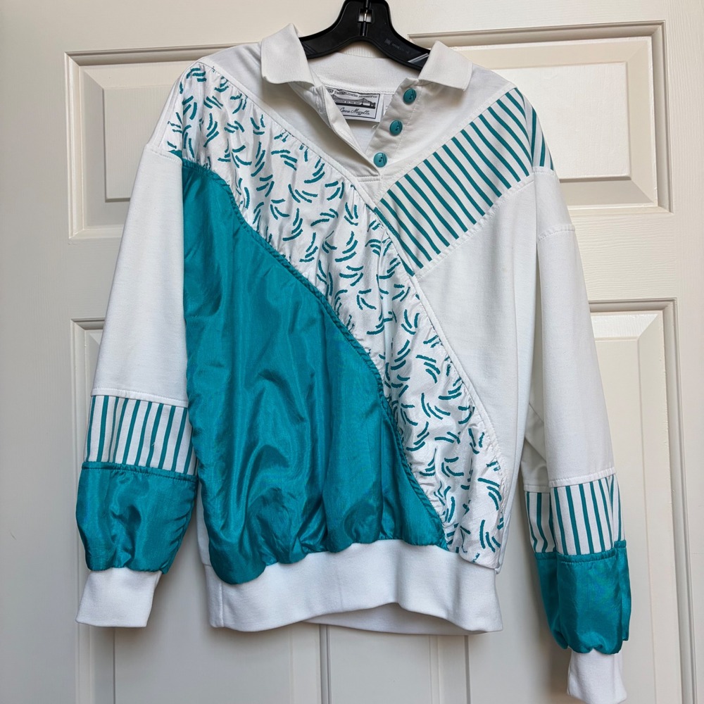Vintage 80s San Francisco Sport Mazzella Teal Colorblock Pullover Sweatshirt M - Picture 1 of 16
